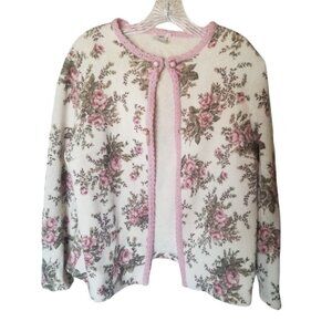 VINTAGE sieger wool granny cardigan  sweater roses pink